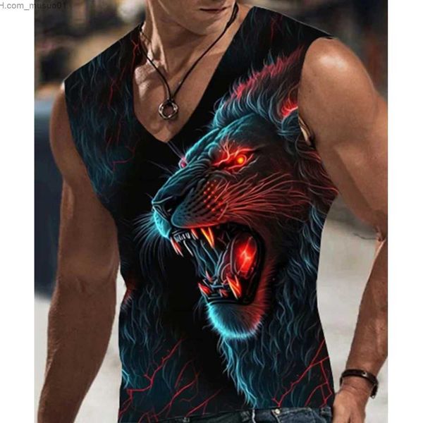 Canotte da uomo New Fashion Senza maniche Stampa Estate Uomo Modello Leone Tempo libero Oversize Scollo a V Abbigliamento Fondo traspirante Canottiere FitnessL2402