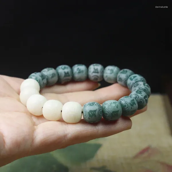 Strand Greenery Couro Branco Jade Bodhi Barrel Beads Gravados Seis Palavras Pulseira Atacado