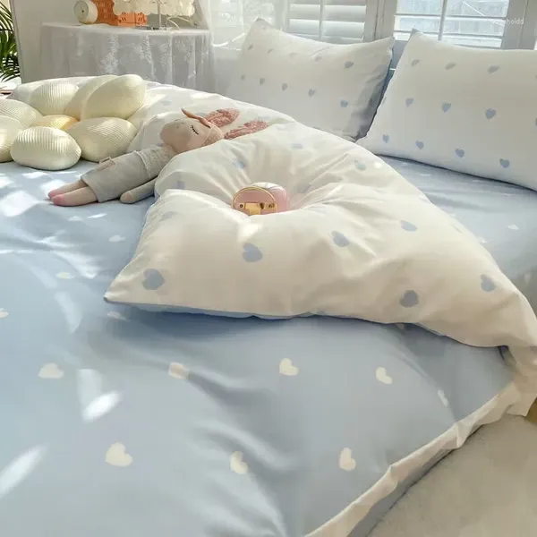 Conjuntos de cama Corações azuis amor conjunto para meninas meninos tamanho duplo folha plana capa de edredão e fronha roupa de cama macia casa têxtil