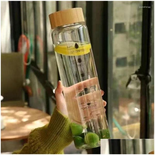 Wasserflaschen 1000 ml Glasflasche mit großer Kapazität und Zeitmarkierung für Getränke, transparent, Milch, Saft, einfacher Becher, Geburtstagsgeschenk, Tropfen Dhmhn