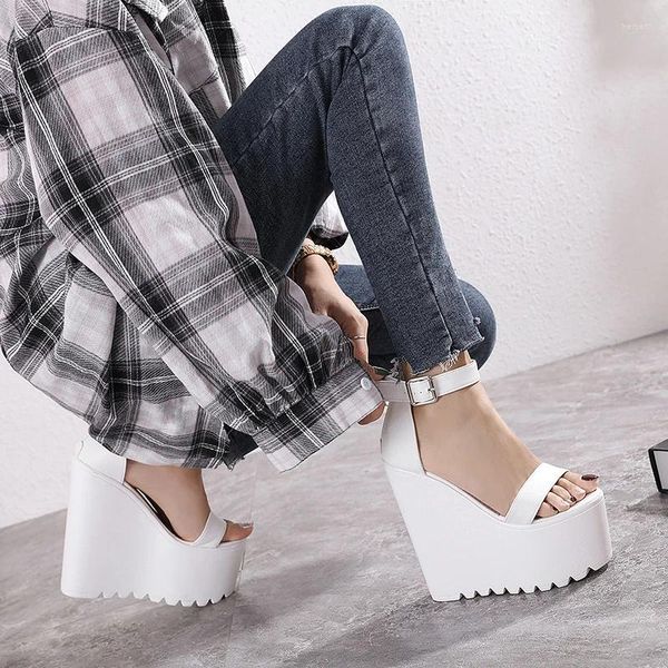 Kleidschuhe 16 cm Super High Heels Wedges Frauen Sandalen 2024 Sommer Dicke Unterseite Peep Toe Plattform Weibliche Sexy Party Show