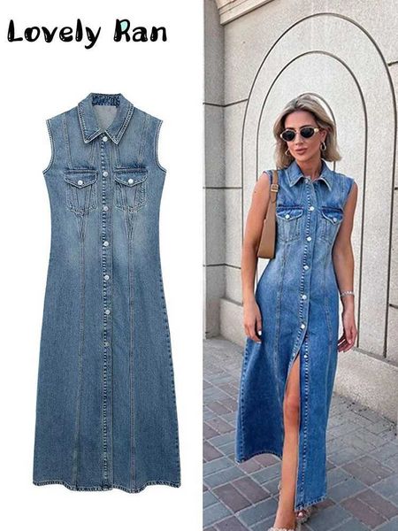 Grundlegende Freizeitkleider Modisches blaues Y2K-Jeanskleid für Damen mit Taschen, ärmelloses Frühlings-Vintage-Kleid, geeignet für das elegante Damen-High-Street-Top J240224