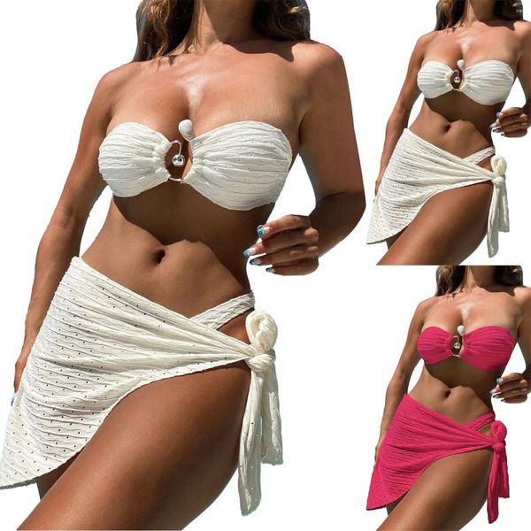 Mulheres Swimwear Cor Sólida Bandeau Strap Bikini 3 Peça Overskirt Womens Push Up American Board Shorts com bolsos para mulheres