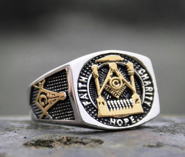 Anel de declaração maçônico masculino cor dourada 316l anel de aço inoxidável alvenaria anéis de sinete joias de motociclista 2360208