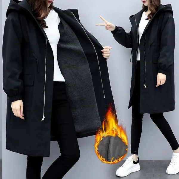 Trench engrossar blusão feminino casaco longo inverno solto com capuz jaqueta outono casual mais veludo feminino preto trench outwear plus size
