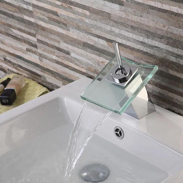 Badezimmer-Waschtischarmaturen, quadratischer Glas-Wasserfall-Waschbeckenhahn, bleifreies Gesundheitsmessing und kalte Wasserhähne