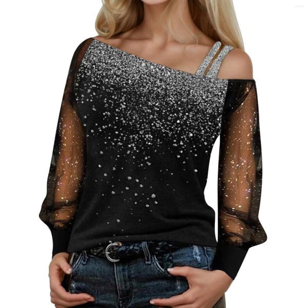 Blusas femininas lantejoulas malha ombro frio blusa splice mangas compridas solto brilhante glitter túnica topo casual das mulheres topos e