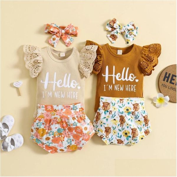 Set di abbigliamento Set di pantaloncini per neonata Set di lettere sulle maniche Pagliaccetto con stampa di fiori/mucca e fascia per capelli Consegna a domicilio Bambini Maternità Otkti