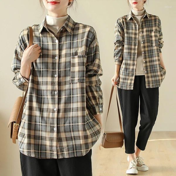 Camicette da donna Camicie vintage Estate 2024 Plaid allentato collo alto Abbigliamento donna Manica lunga in cotone e lino Top YCMYUNYAN