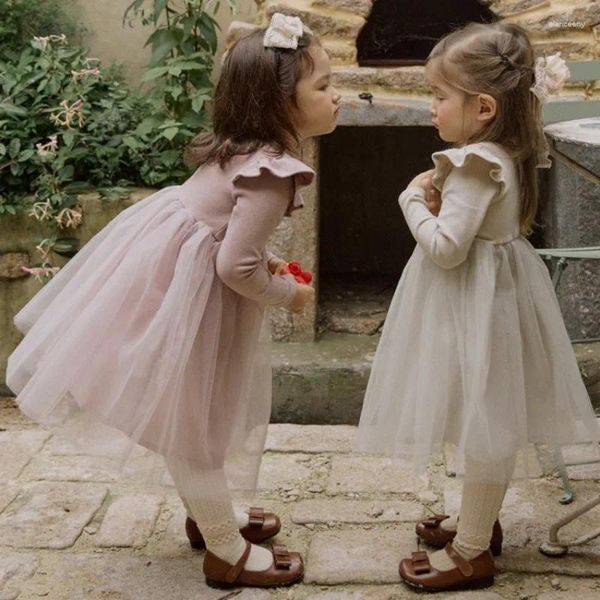 Abiti per ragazza Abito per bambini 2024 Autunno alla moda in stile coreano per ragazze Principessa a maniche lunghe in garza di colore solido dolce e carino