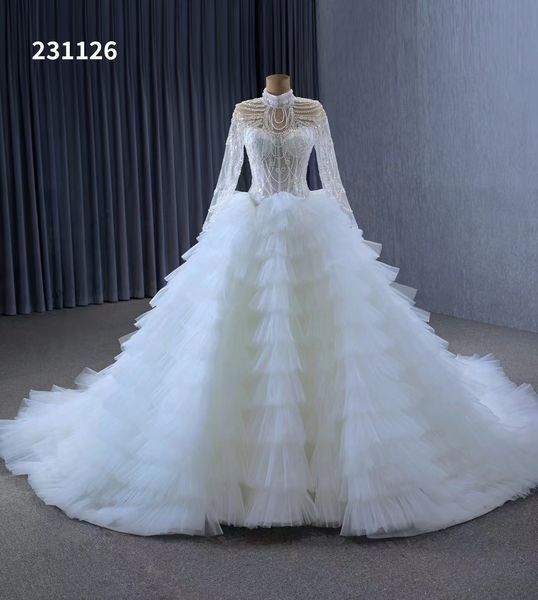 Elegantes Brautkleid für die Hochzeit, Ballkleid, langer Schwanz, hoher Ausschnitt, glänzend, SM231126