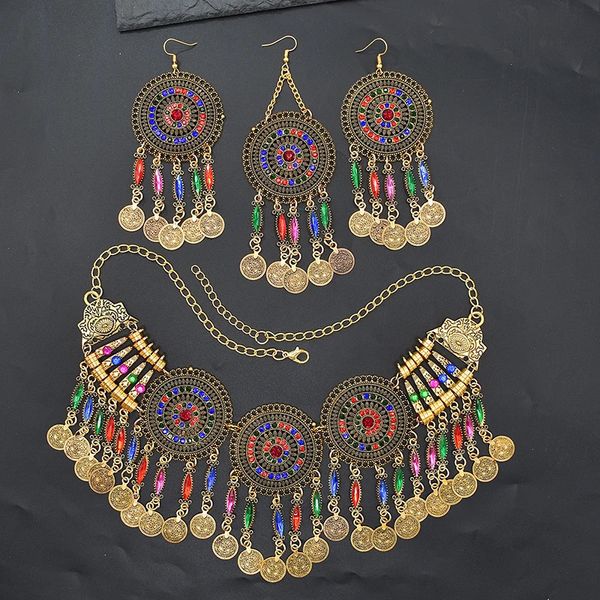 Conjuntos de joias afegãs indianas 3 peças, para mulheres, boho, étnicas, faixas de cabelo, colar, brincos, moedas, borlas, vintage, gota de cristal colorido 240220