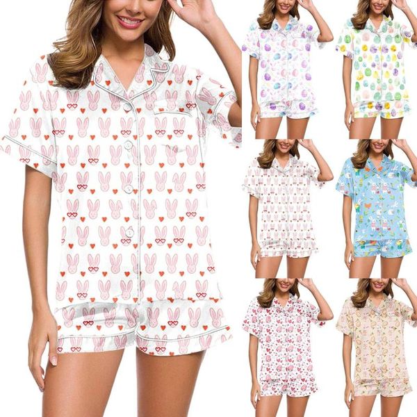 Pigiama da donna 2 pezzi Pigiama da donna Pigiama da donna con stampa grafica floreale a maniche corte Camicia e pantaloncini con bottoni Top Aware