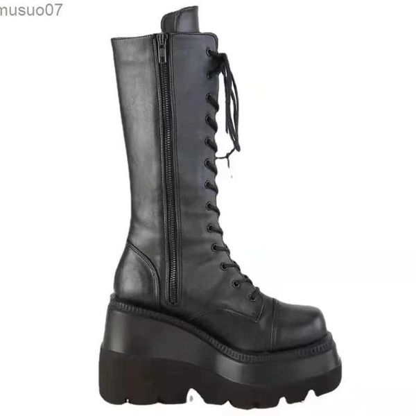 Sapatos de vestido Botas de inverno Mulheres Plataforma Sapatos Botas Chuva Combate Militar Curto Couro Preto Novo Rock Punk Goth Lolita Clearance OffersL2402