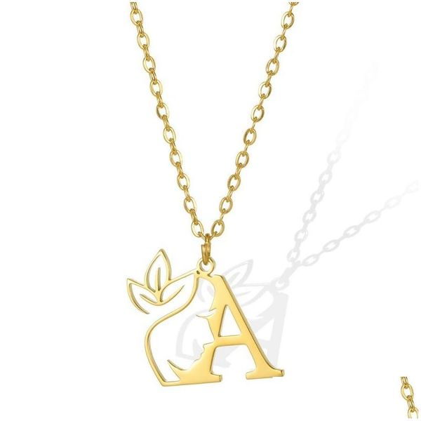 Anhänger Halsketten Schönheit Blume Initial Halskette Frauen Mädchen Geschenke Edelstahl Gold Farbe Brief Anhänger Choker Alphabet Schmuck Dr Ot0Ed