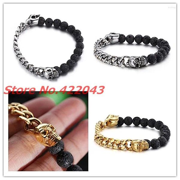 Braccialetti a maglie Perline nere Bracciale con teschio per donna Uomo Pietra lavica Uomo Argento Colore Catena cubana Pulseras Gioielli