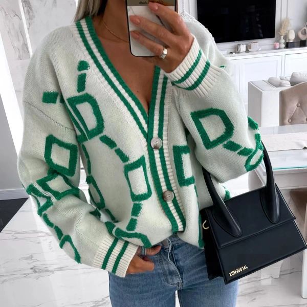 Outono inverno malha cardigan moda feminina manga longa solta com decote em v camisola grossa quente feminino verde casual impressão cardigan