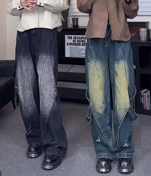 Männer Jeans Y2K Washed Gothic Stil Straße Trend Teen Kleidung Retro Lose Breite Bein Hosen Koreanische Loch Wischen Hose