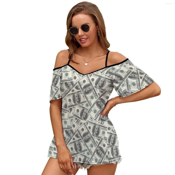 Damen-T-Shirts, Geld-Neuheit-Dollars, Damen-Kurzarm-Tops, O-Ausschnitt, aushöhlen, Schultergurt, T-Shirts, Streetwear, 100