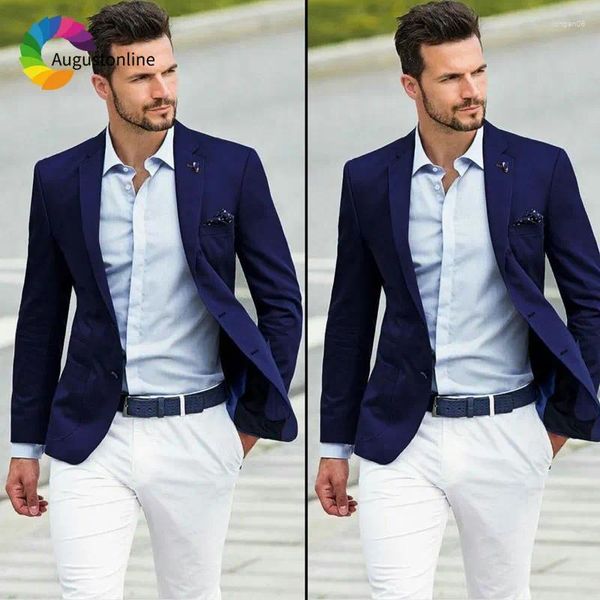 Ternos masculinos azul marinho clássico feito sob medida calças brancas fino ajuste homem blazers para negócios casual padrinhos traje terno masculino