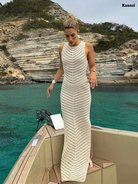 Abiti casual di base Canotta da donna in maglia lavorata a maglia senza maniche girocollo doppio spacco Abito extra lungo 2023 Canotta da vacanza estiva da spiaggia per donna J240224