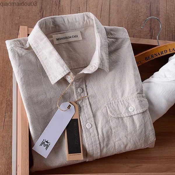 Herren lässige Hemden Italien Marke Leinenhemd Männer Sommer Baumwolle Hemden Männer Langarm solide Beige lässige Herren Hemden Slim Fashion Shirt Herren Chemisel2404