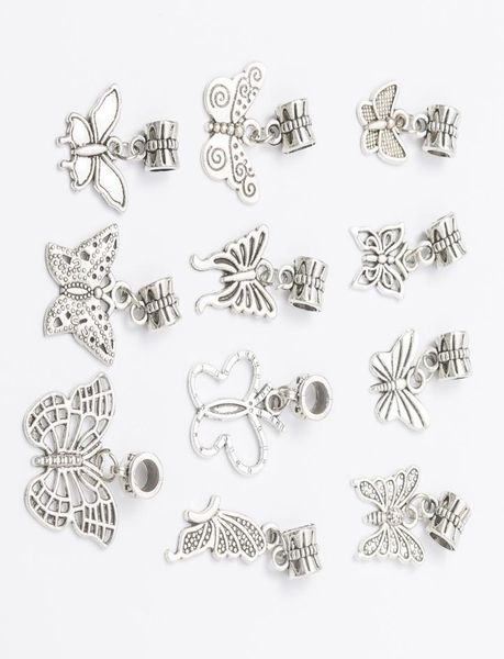 Mischen Sie 11 SCHMETTERLINGS-baumelnde, antik versilberte Legierungs-Charms mit großen Löchern, passend für Armbänder, DIY-Schmuck, Halsketten, Anhänger, Perlen 7528668