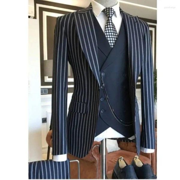 Ternos masculinos feitos sob encomenda, listrados, slim fit, 3 peças, smoking, casamento, baile, blazer, calças, conjuntos masculinos, jaqueta, colete