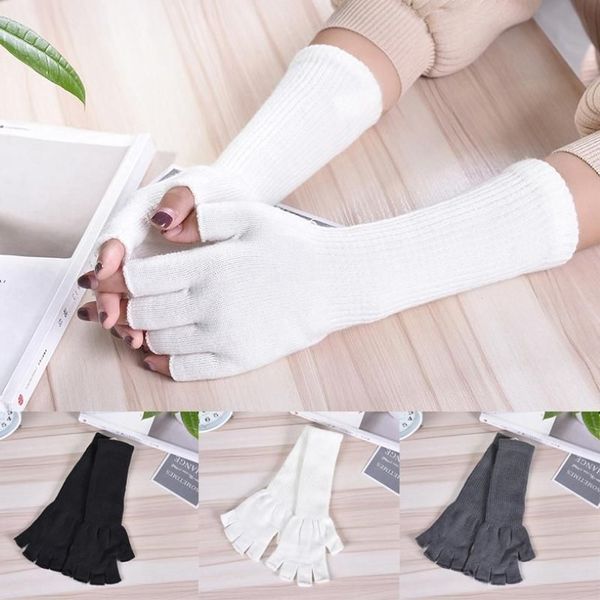 Fünf Finger Handschuhe Lange Gestrickte Halbfinger Frauen Mädchen Frühling Herbst Winter Armstulpen Reines Weiß Schwarz Grau Elbow296w