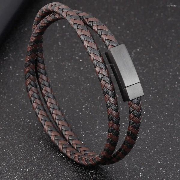 Charme pulseiras 2 camadas preto estilo punk design pulseira de couro genuíno para homens aço inoxidável botão magnético presente de aniversário masculino