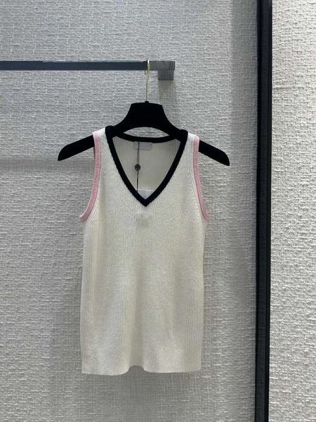 Tanques femininos 2024 primavera/verão preto e branco rosa com bordas com decote em v solto regata de malha mulher sem mangas colete camiseta