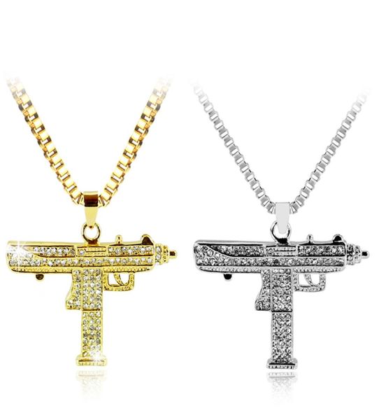 Colar de ouro uzi arma pingente colar masculino liga cristal completo bling submáquina corrente hip hop ciclista acessórios masculino jóias7213006