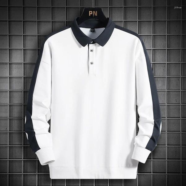 Polos masculinos 2024 primavera outono camisa polo de manga longa para homens marca algodão negócios casual sólido top bolid branco roupas