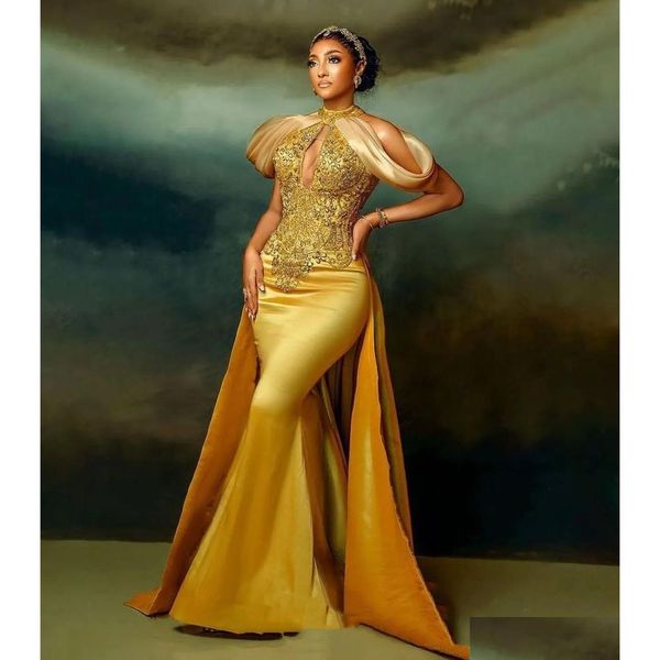 Prom Kleider Elegante Gold Meerjungfrau Kristalle Kleider Perlen Afrikanische Arabisch Luxus Formale Ocn Kleid Ärmellose Lange Satin Abendkleider F Otnol