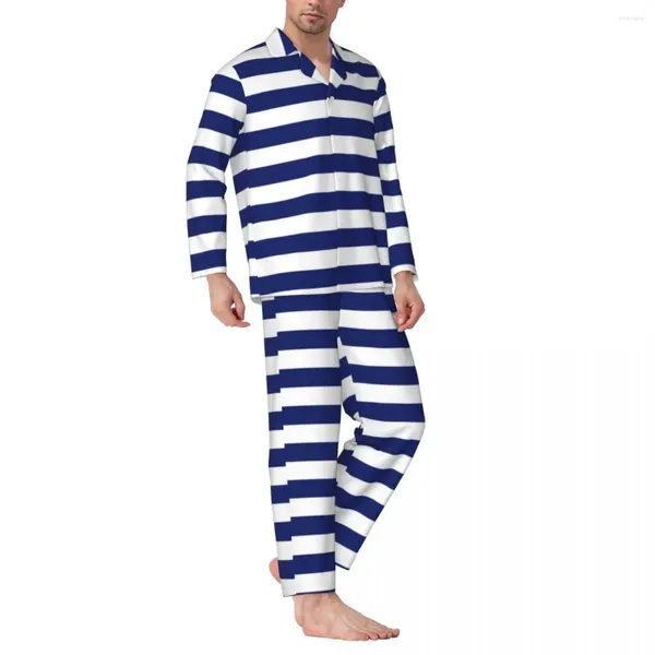 Herren-Nachtwäsche, Retro-nautische Pyjama-Sets, Marineblau und Weiß gestreift, schöner männlicher Langarm-Freizeit-2-teiliger Anzug in Übergröße