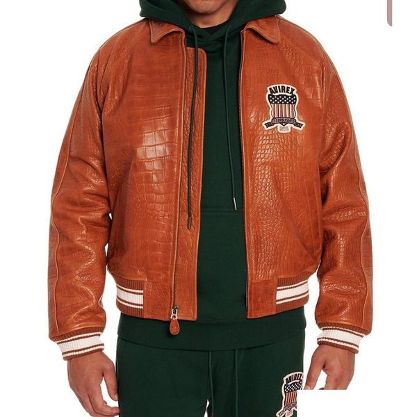 Giacche da uomo Giacca in pelle bomber arancione con grana di alligatore Taglia USA Avirex Tuta da volo casual atletica in pelle di pecora spessa Cool Jacketstop Ot4Ag