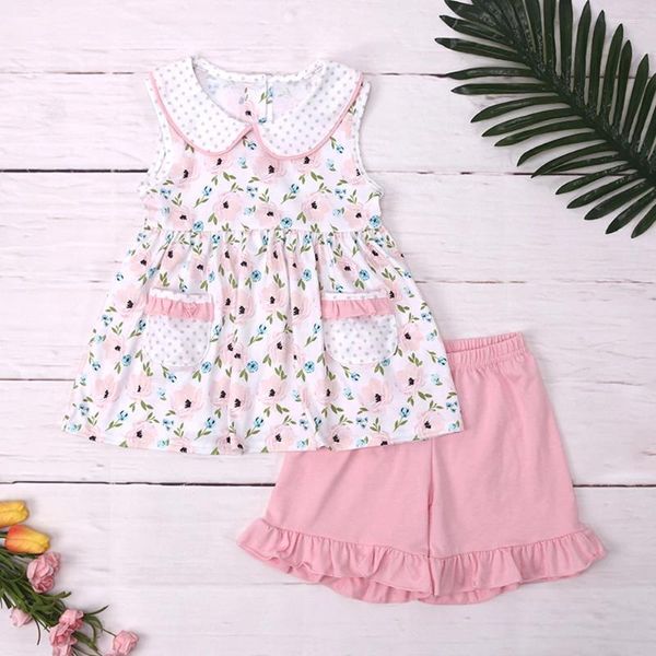 Set di abbigliamento 2024 Neonate Vestito da principessa Vestiti per ragazza Set Body floreale Punti dolci Abiti tascabili rosa T-shirt 1-8T Pantaloncini per bambini