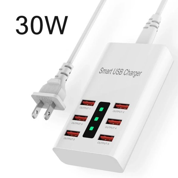 Adattatore di ricarica USB veloce Blocco base di alimentazione Hub caricabatterie da 30 W per tablet smartphone Caricatore da muro US/EU/UK/AU con 6 porte