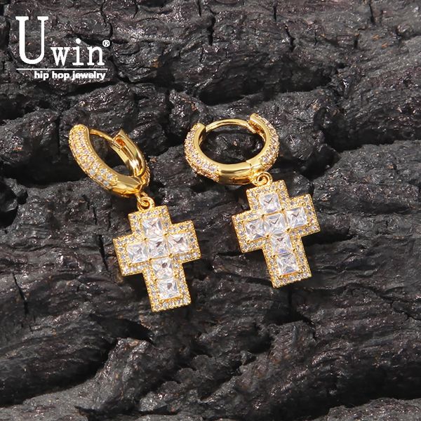 Uwin baguette zircon cruz brincos congelados zircônia cúbica personalizado na moda brincos para homens mulheres hip hop punk jóias 240220