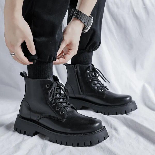 Botas masculinas plataforma casual preto sapatos de couro original vestido de escritório de negócios cowboy tornozelo bota primavera outono curto botas hombre