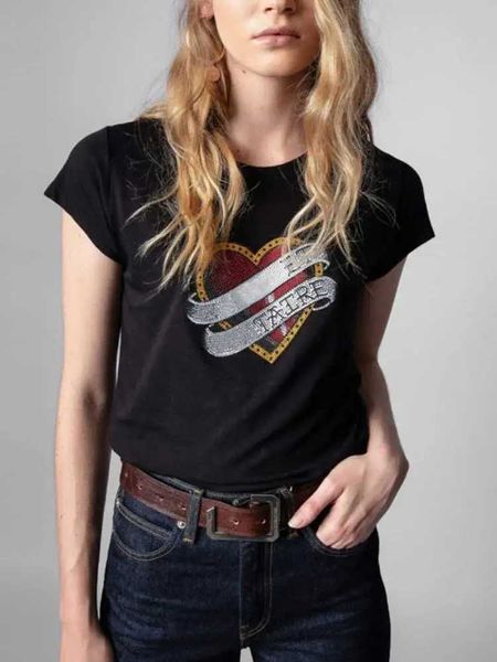 Женская футболка Супер шикарная футболка с короткими рукавами из чистого хлопка с принтом любовных писем и топом с горячими бриллиантами женская повседневная футболка из чистого хлопка с круглым вырезом J240224