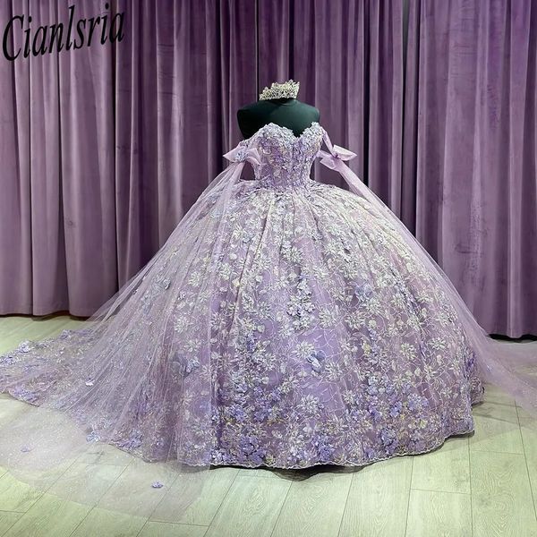 Flieder, schulterfrei, Bänder, Schleife, Ballkleid, Quinceanera-Kleid, 3D-Blumen, florales Pailletten-Spitzenkorsett, Vestidos De XV Anos