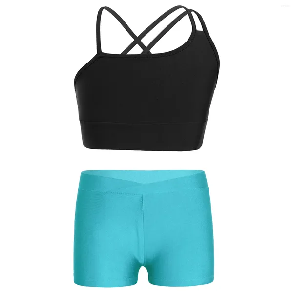 Conjuntos de corrida crianças meninas esportes roupas de treinamento assimétrico tiras colheita superior com v-front cintura shorts ginástica treino yoga traje