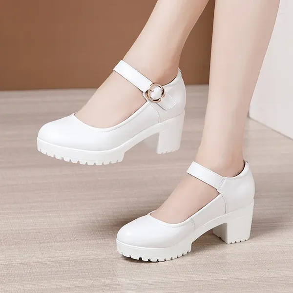 Sandálias de couro de salto alto plataforma feminina dedo do pé redondo sapatos de trabalho de boca única meninas couro tamanho grande