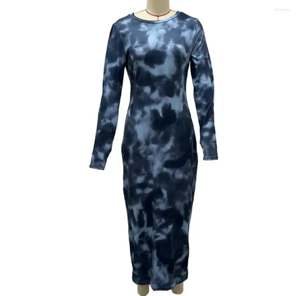 Lässige Kleider Mädchenkleid Elegantes Rundhals-Maxikleid mit Langarm-Batikmuster für Frauen Slim Fit Etui-Stil Knöchelfrühling