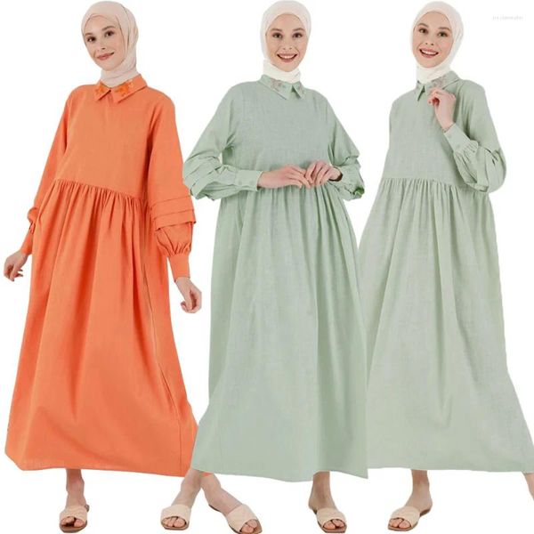 Roupas étnicas 2024 Outono Abayas para Mulheres Muçulmanas Elegantes Bordado Turn-Down Collar Maxi Vestido Turquia Árabe Kaftan Robe Islâmico Eid