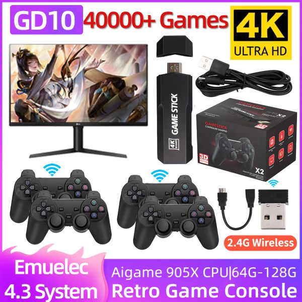 Konsolen GD10 Retro-Spielekonsole Video Emuelec 4.3 System 2.4G Wireless Gamepads 40000+ Spiele X2 HD 4K Game Stick für PSP/PS1/N64/GB Geschenk