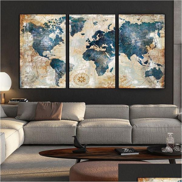 Pinturas 3 painéis aquarela mapa do mundo pintura hd impressão em tela paisagem modar parede sofá cuadros arte imagem para sala de estar drop dhn3w