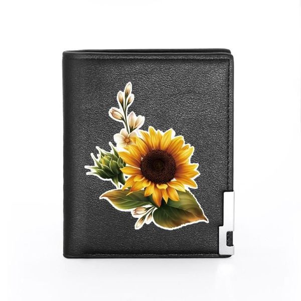 Brieftaschen Mode Sonnenblume mit Blättern Leder Brieftasche Männer Frauen Billfold Slim ID Inhaber Geld Tasche Kurze Geldbörsen311L