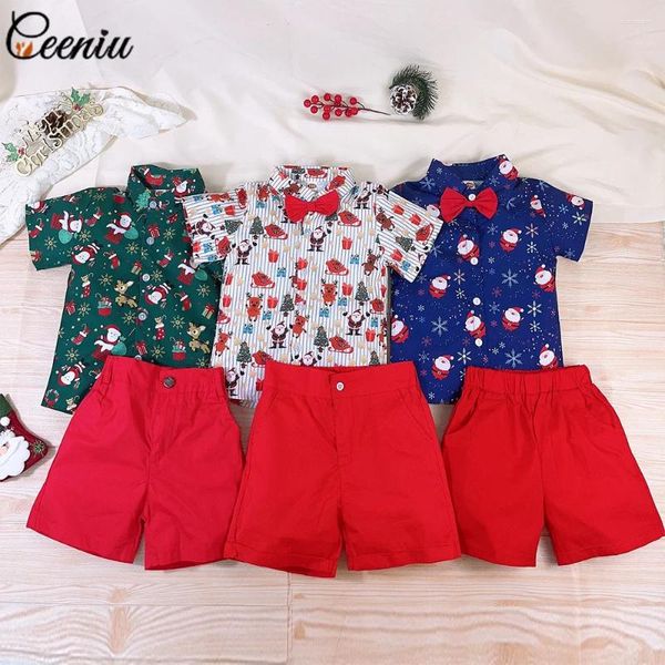 Conjuntos de roupas Ceeniu 0-5Y Crianças Meninos Natal Outfit Xmas Imprimir Camisas Shorts Vermelhos para Crianças Ano Traje Roupas